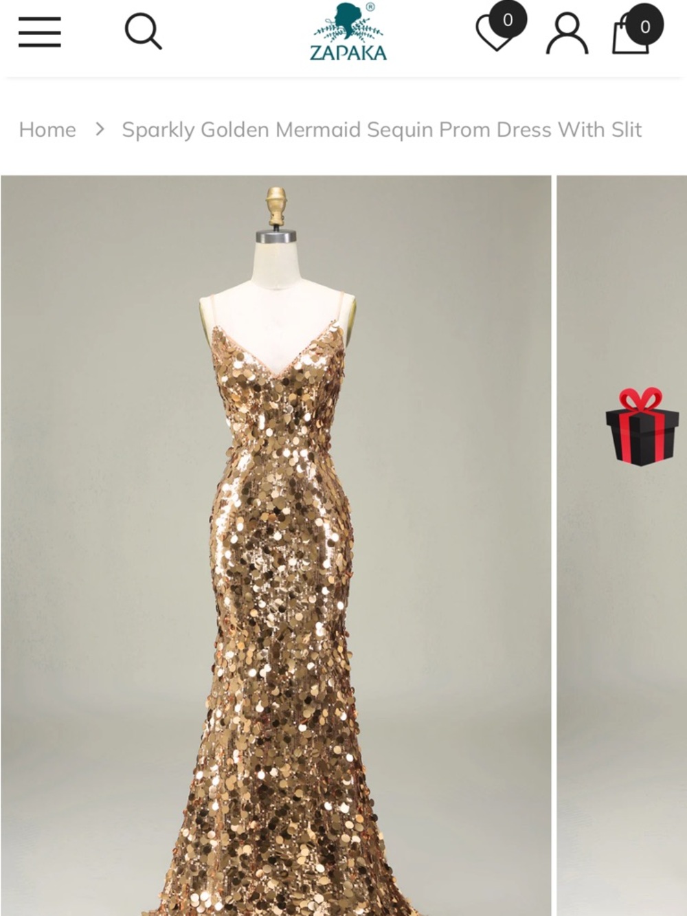 Zapaka Gold Sequin Mermaid Prom Dress with Slit